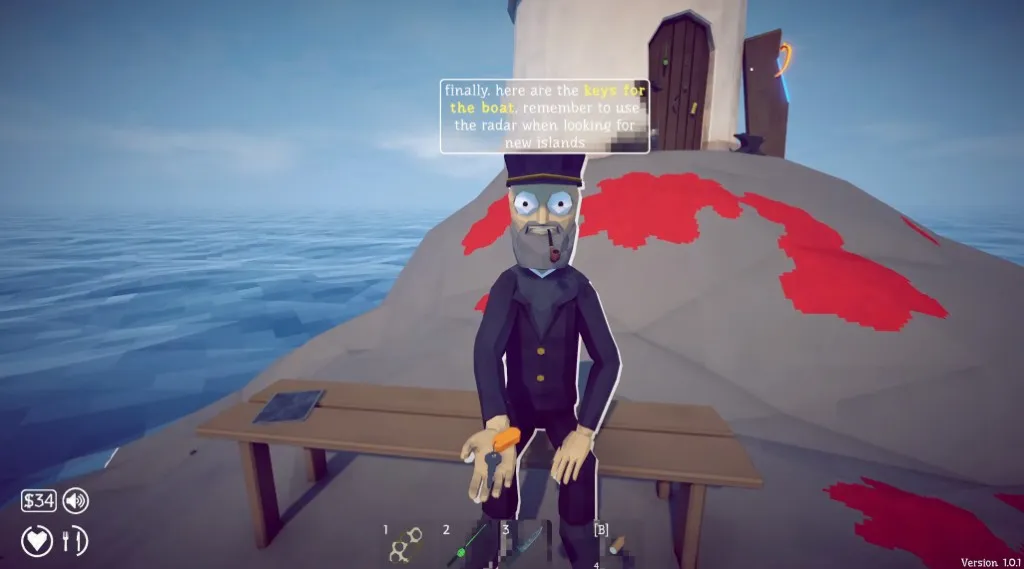 The lighthouse fisherman handing over the boat keys after the Spider Crab quest in How to Fish
