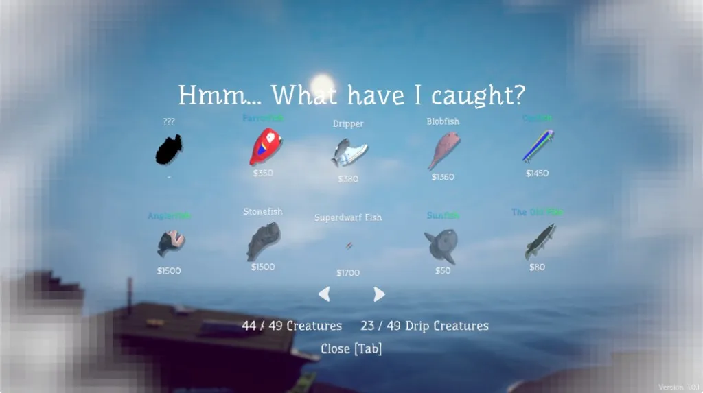 The How to Fish creature list after a full story run, 44 of 49 creatures and 23 of 49 drip creatures