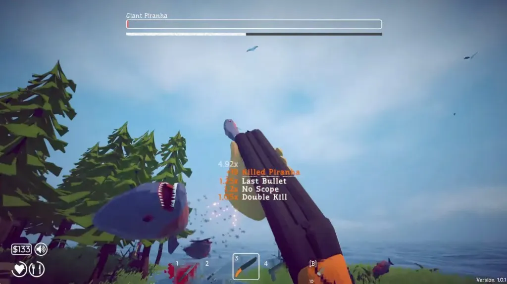 Giant Piranha boss fight in How to Fish showing the boss health bar, small piranha swarm, kill multiplier and white timer bar