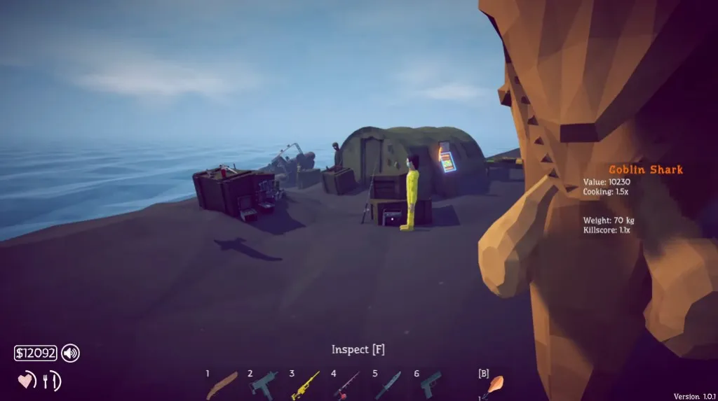 Inspecting a Goblin Shark in How to Fish showing Value 10230, Cooking 1.5x and Killscore 1.1x