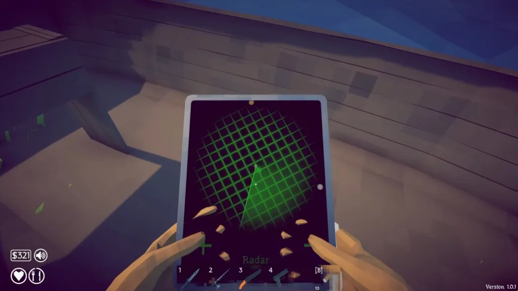 Handheld radar tablet in How to Fish showing a green circular sweep and island outlines