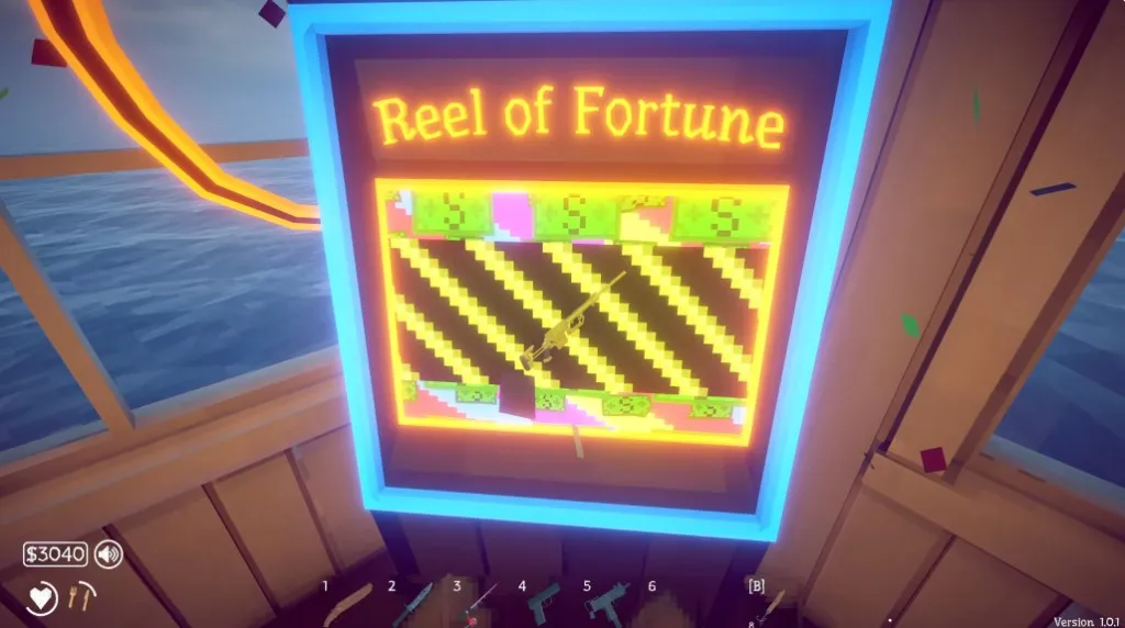 The Reel of Fortune paying out a golden sniper rifle skin in How to Fish