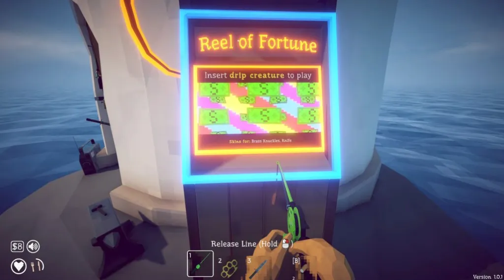 The Reel of Fortune machine on the starting island labeled Insert drip creature to play