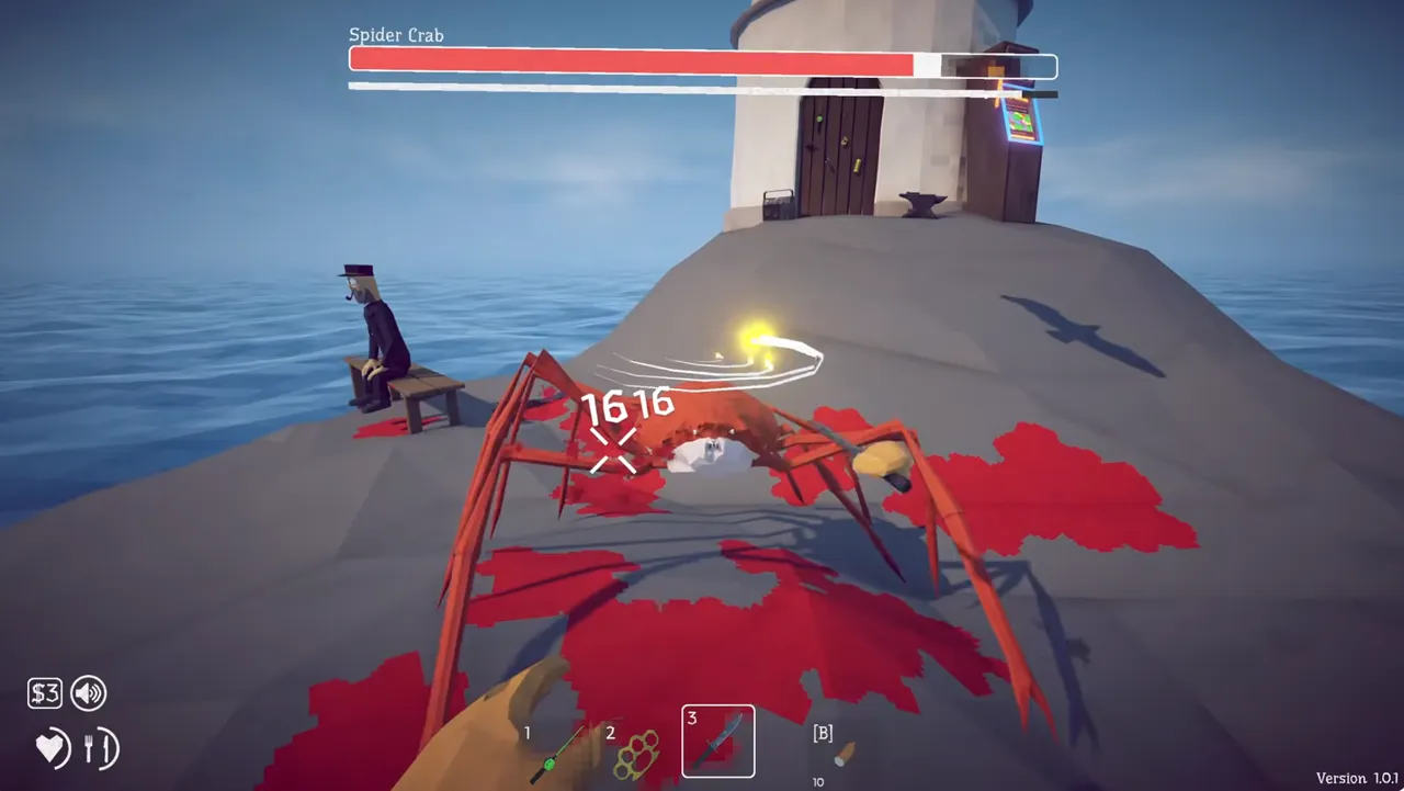 Spider Crab boss rising on long stick legs near the lighthouse in How to Fish with a boss health bar at the top